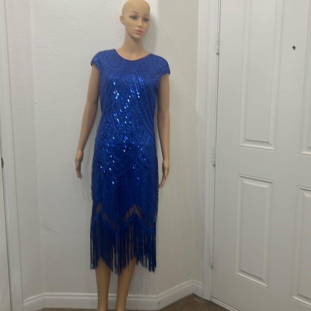 Fundaisey Womans Blue Sequine Dress Scoop Neck Short Sleeve Fringe Zipper Lined